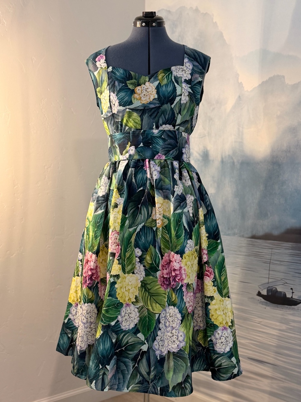 Floral Hydrangea Midi Dress in Green, Pink, Yellow, Cream 222